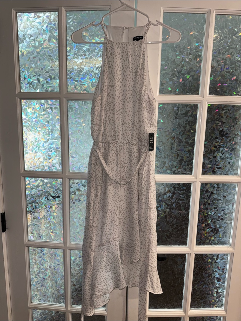 Express White Halter High-Low Dress with Subtle Gray Dot Pattern